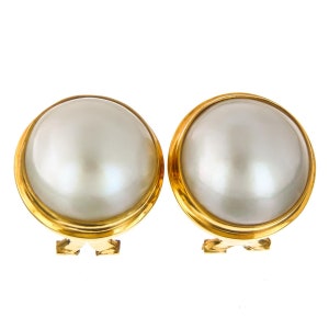 925 Sterling Silver 15mm White Mabe Pearl Gold Vermeil Omega Post Earrings, 11/16&quot;