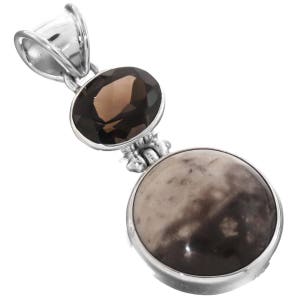 1 3/4&quot; Palm Fossil Smokey Quartz 925 Sterling Silver Pendant