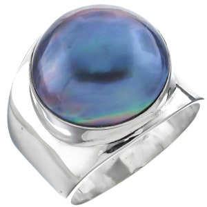 Wide Blue Mabe Cultured Pearl 925 Sterling Silver Ring