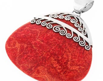 1 3/4" Teardrop Handmade Red Coral 925 Sterling Silver Pendant