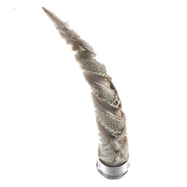 3 3/4" Handcarved Dragon Deer Antler 925 Sterling Silver Pipe Tobacco Tamper