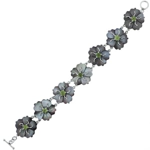 7.5&quot; Mother Of Pearl Shell Flower Peridot Gemstone 925 Sterling Silver Bracelet