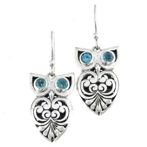 3/4&quot; Scroll Design Owl Blue Topaz Eyes 925 Sterling Silver Earrings