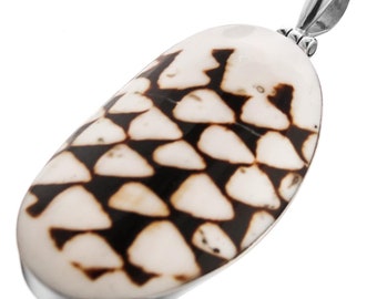 May include: A silver pendant featuring a white and brown seashell with a geometric pattern. The shell is oval-shaped and has a smooth, polished surface.