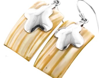 7/8" Rectangle Gold Mother Of Pearl Turbo Shell 925 Sterling Silver Earrings