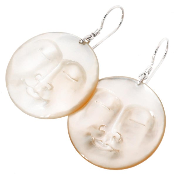 1 1/4" Mother Of Pearl Sun Moon Face Hand Carving 925 Sterling Silver Earrings