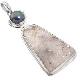 2 1/4&quot; Agate Druzy Drusy Freshwater Pearl 925 Sterling Silver Pendant