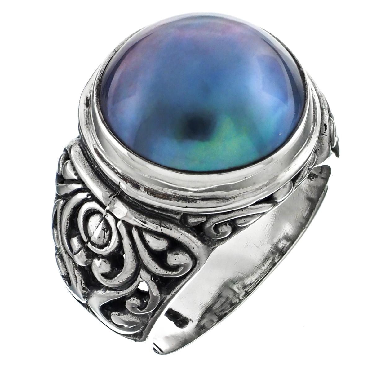 Bali Scrollwork South Pacific Blue Mabe Pearl 925 Sterling Silver