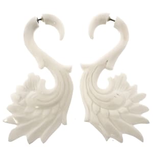 2 1/2&quot; Fake Gauge White Bison Bone Tribal Flower Hand Carving Post Earrings