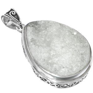Teardrop Agate Druzy 925 Sterling Silver Handmade Filigree Pendant, 2&quot;
