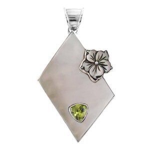 2 11/16" Cool Mother Of Pearl Shell Peridot 925 Sterling Silver Pendant