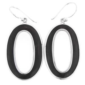 1 1/4&quot; Exotic Natural Dark Wood Oval 925 Sterling Silver Hoop Earrings