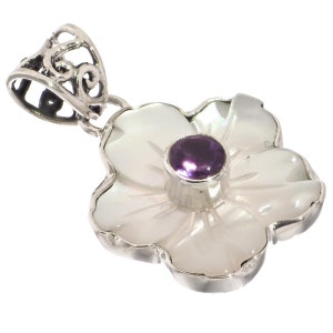 May include: A silver flower pendant with a white mother of pearl center and a purple amethyst gemstone.