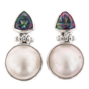 925 Sterling Silver White Ocean Cultured Mabe Pearl Mystic Topaz Post Earrings, 1&quot;