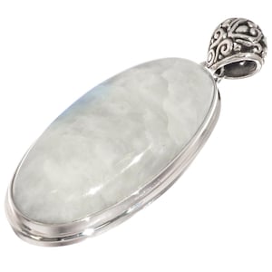 925 Sterling Silver Large Blue Flash Moonstone Bali Handmade Sterling Pendant, 2 1/8&quot;