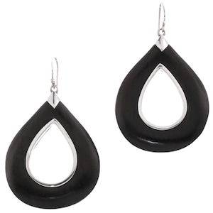1 3/4&quot; Exotic Sono Wood Teardrop Hoop 925 Sterling Silver Earrings