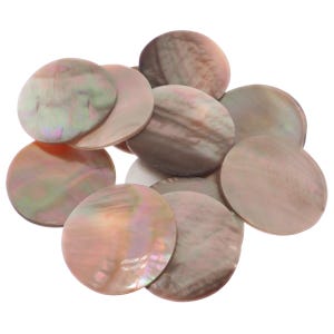 May include: A collection of round, flat buttons crafted from iridescent mother-of-pearl shell. Each button displays a unique, swirling pattern of soft pink, grey, and brown tones with a smooth, polished surface that reflects light.