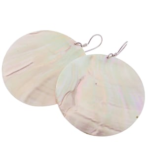 925 Sterling Silver Round Genuine Irridescent Silver-tone Nautilus Shell Earrings, 2&quot;