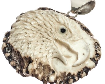 925 Sterling Silver Eagle Real Deer Antler Burr Sterling Pendant, 2"