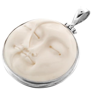 1 3/4&quot; Hand Carving Bali Moon Sun Goddess Bison Bone 925 Sterling Silver Pendant