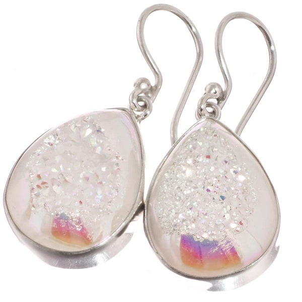 925 Sterling Silver Teardrop Iridescent Opal Titanium Druzy Sterling Earrings, 7/8"