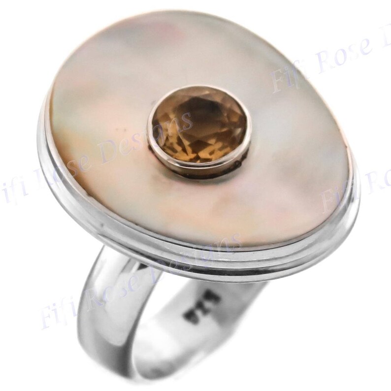 White Mother Of Pearl Shell Citrine Inset 925 Sterling Silver Ring