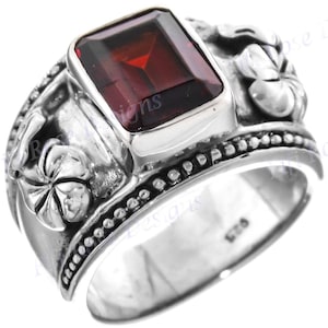 Garnet Flower Design 925 Sterling Silver Band Ring, US 6.5, 7