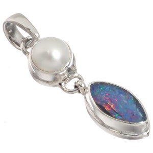 925 Sterling Silver Australian Opal White Freshwater Pearl Sterling Pendant, 1 1/4&quot;