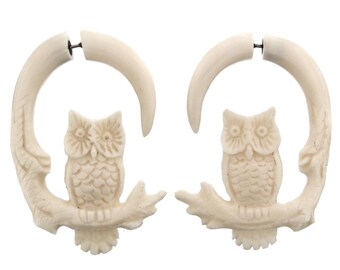 1 3/4" Owl Bird Fake Gauge White Bison Bone Tribal Carving Post Earrings