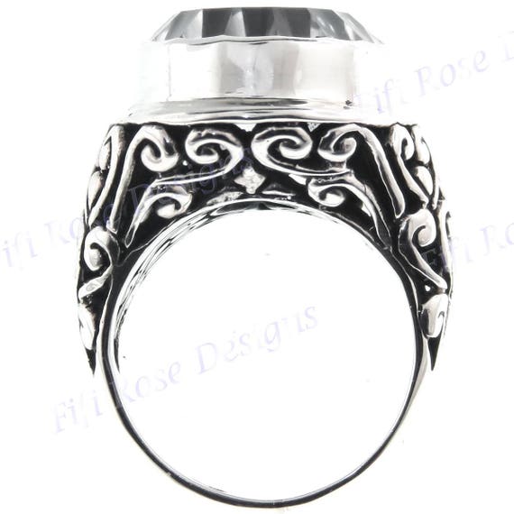 Bold Clear Quartz Scroll Filigree 925 Sterling Silver Ring