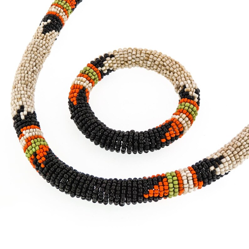 Ethnic Style Black Beige Orange Handmade Stretch Necklace /& Bracelet Set