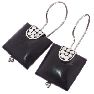 3/4&quot; Exotic Ebony Wood Pillow Squares 925 Sterling Silver Earrings