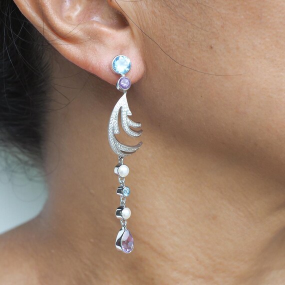 silver earrings for blue dress Chihuahua Blue Dress Flat Acrylic Double-Sided Silver Hook Earrings Jewelry