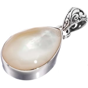 925 Sterling Silver Teardrop White Mother Of Pearl Shell Pear Sterling Pendant, 1 1/16&quot;