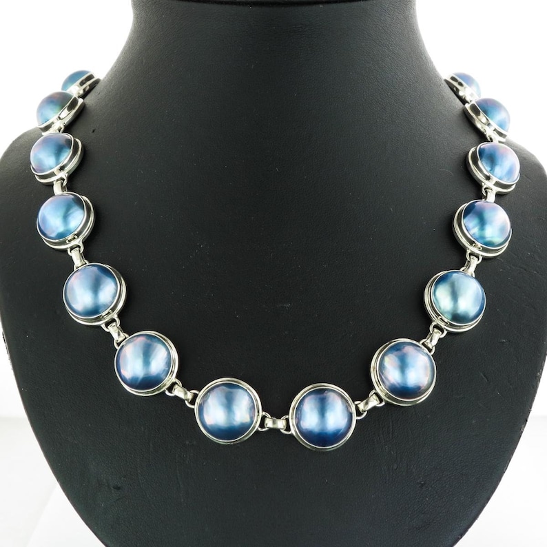 14 Stunning Blue Mabe Pearl Strand 925 Sterling Silver Necklace