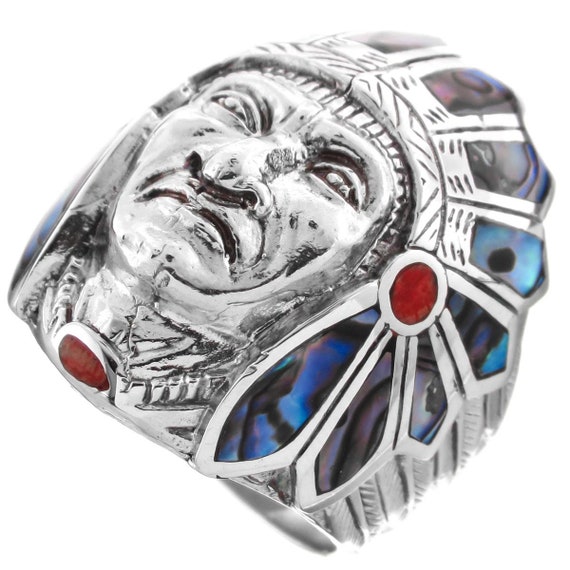 Mens Indian Chief Motorcycle Biker Paua Abalone 925 Sterling