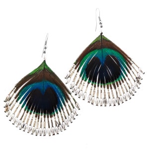 2 1/2&quot; Extra Large Iridescent Peacock Feather Silver Beads Earrings