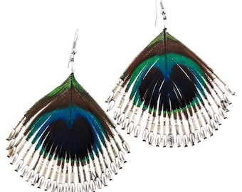 2 1/2" Extra Large Iridescent Peacock Feather Silver Beads Earrings