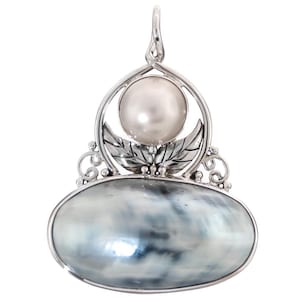 2 1/8&quot; Nautilus Shell South Pacific White Mabe Pearl 925 Sterling Silver Pendant