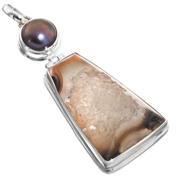 925 Sterling Silver Agate Druzy Drusy Freshwater Pearl Pendant, 2 1/4"