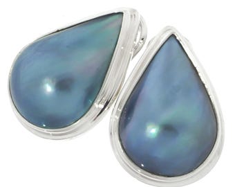 925 Sterling Silver Dainty Teardrop Blue Mabe Pearl Omega Stud Pear Earrings, 5/8"