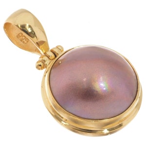 925 Sterling Silver Very Large 18mm Mauve Mabe Pearl Vermeil Gold Plated Pendant, 1 3/8&quot;