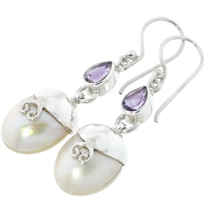 1 3/16&quot; Amethyst Pacific Ocean Cultured Mabe Pearl 925 Sterling Silver Earrings
