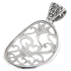 Clearance! 1 3/4&quot; Mother Of Pearl Flower Carving 925 Sterling Silver Pendant