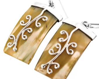 7/8" Rectangle Gold Mother Of Pearl Turbo Shell 925 Sterling Silver Earrings