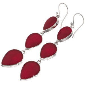 925 Sterling Silver Sterling Pear Teardrop Red Coral Dangle Drop Earrings, 2&quot;