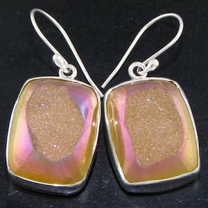 925 Sterling Silver Rectangle Azalea Pink Titanium Druzy Drusy Earrings, 1&quot;