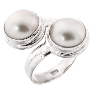 Double South Pacific White Mabe Cultured Pearl 925 Sterling Silver Ring