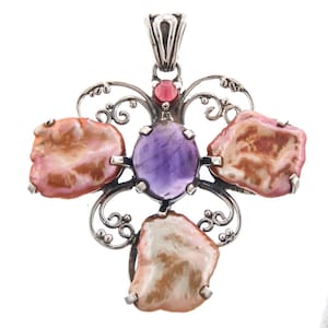 Pink Peach Baroque Cultured Pearl Amethyst Red Garnet 925 Sterling Silver Pendant , 1 3/4"