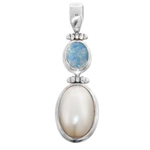 1 3/4&quot; Gorgeous Mabe Pearl Natural Opal 925 Sterling Silver Pendant